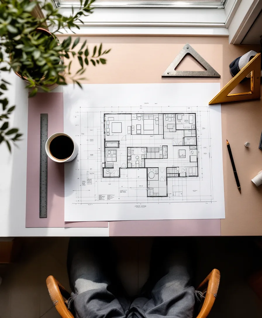Drafting desk with a scale ruler, pencil and a floor plan in progress on tracing paper