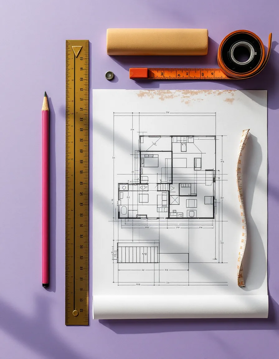 Overhead view of a drafting desk with a scale ruler, pencil, tape measure and a hand-sketched floor plan on tracing paper
